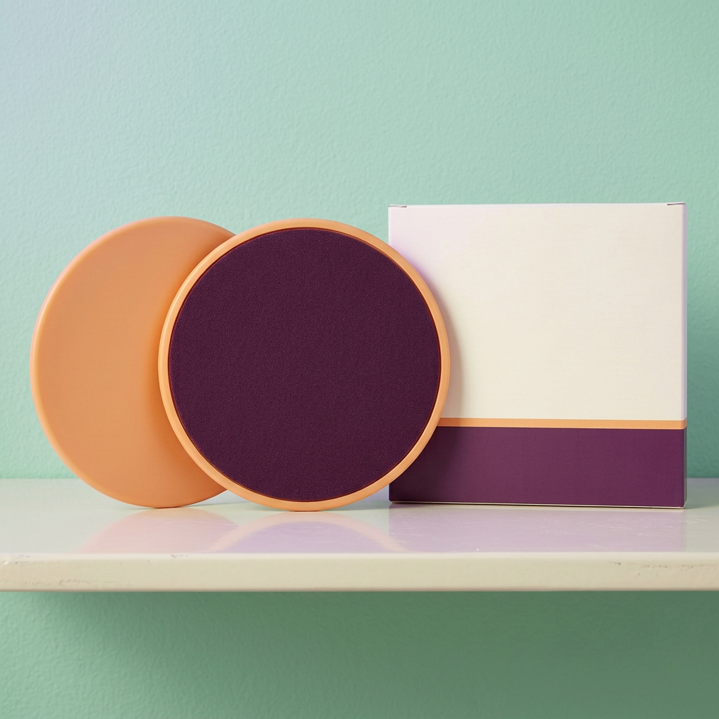 Apricot and plum exercise slider pair with coordinated blank packaging on cream shelf