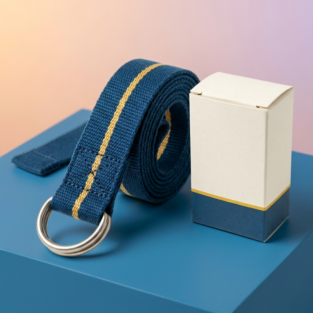 Ocean-blue golden stripe yoga strap with double D-ring buckle and blank matching carton on blue podium