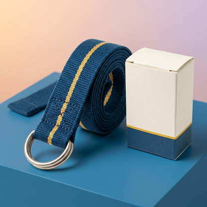 Ocean-blue golden stripe yoga strap with double D-ring buckle and blank matching carton on blue podium
