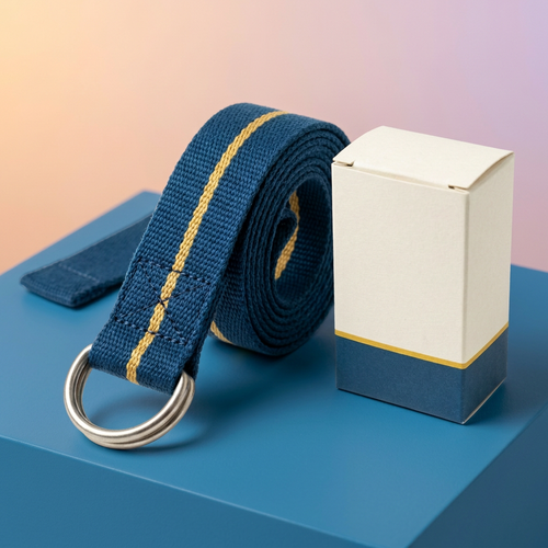 Ocean-blue golden stripe yoga strap with double D-ring buckle and blank matching carton on blue podium