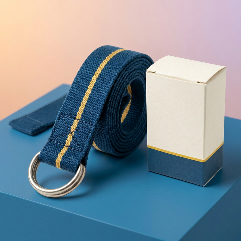 Ocean-blue golden stripe yoga strap with double D-ring buckle and blank matching carton on blue podium