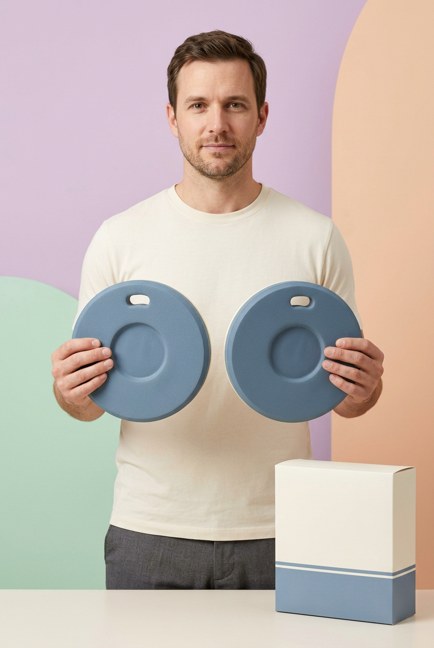 Adult Western male model holding the same blue cream kneeling pad pair