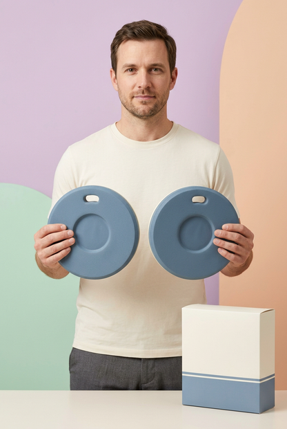 Adult Western male model holding the same blue cream kneeling pad pair