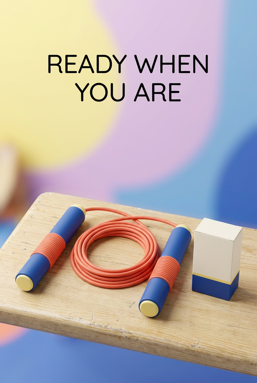 Ready When You Are: coiled coral jump rope cobalt handles and matching blank box