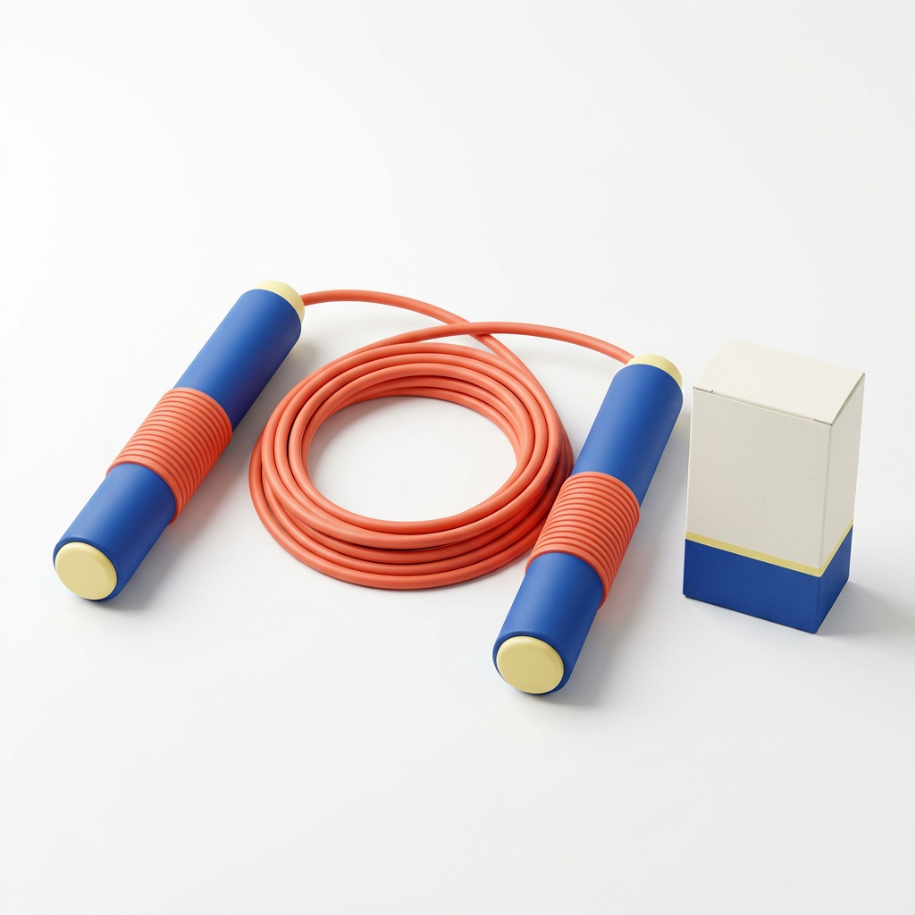 White background view of cobalt coral and yellow jump rope beside matching blank packaging