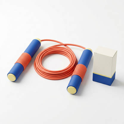 White background view of cobalt coral and yellow jump rope beside matching blank packaging