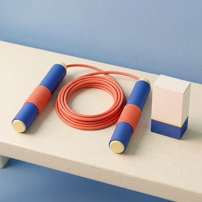 Cobalt and coral jump rope and logo-free ivory box on cream bench