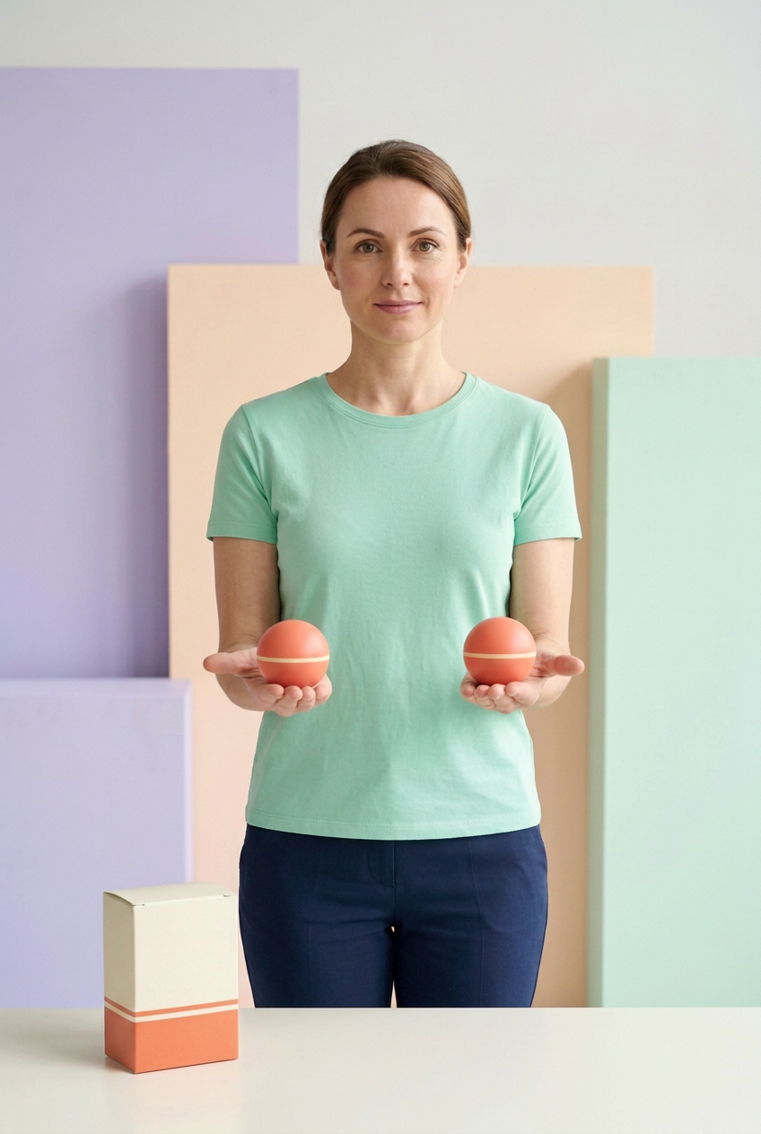 Adult Western female model holding one small coral and cream massage ball in each open palm