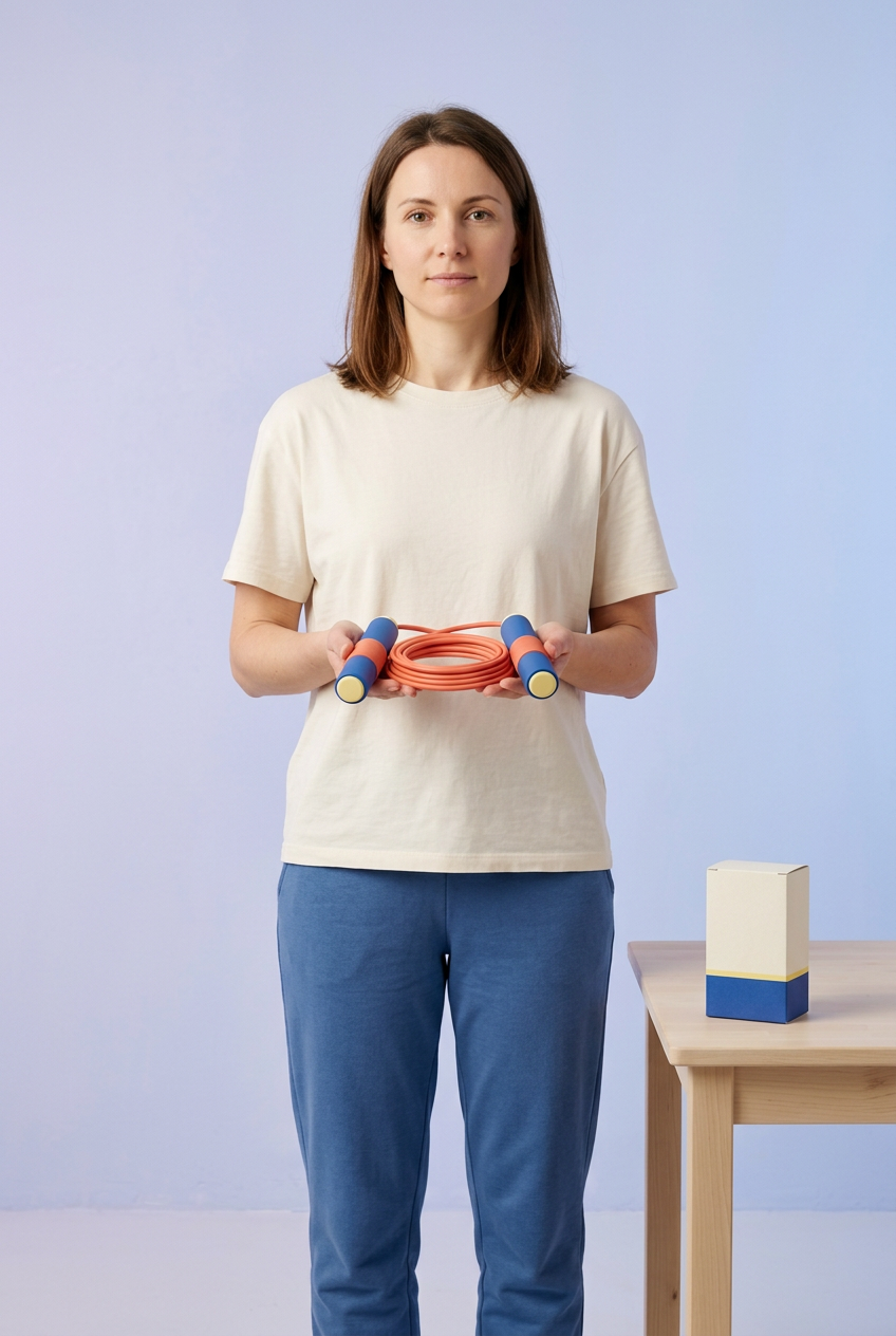 Adult European-looking female model holding the cobalt and coral jump rope