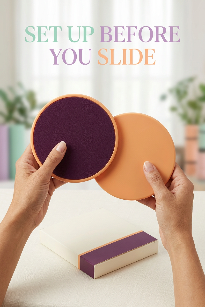 Set Up Before You Slide: two hands holding the exercise slider pair to show both faces