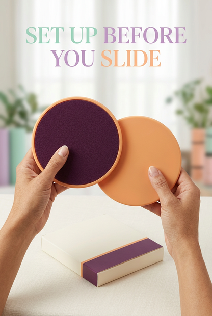 Set Up Before You Slide: two hands holding the exercise slider pair to show both faces