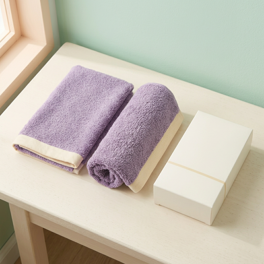 Matching towel set on cream bench
