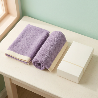 Matching towel set on cream bench