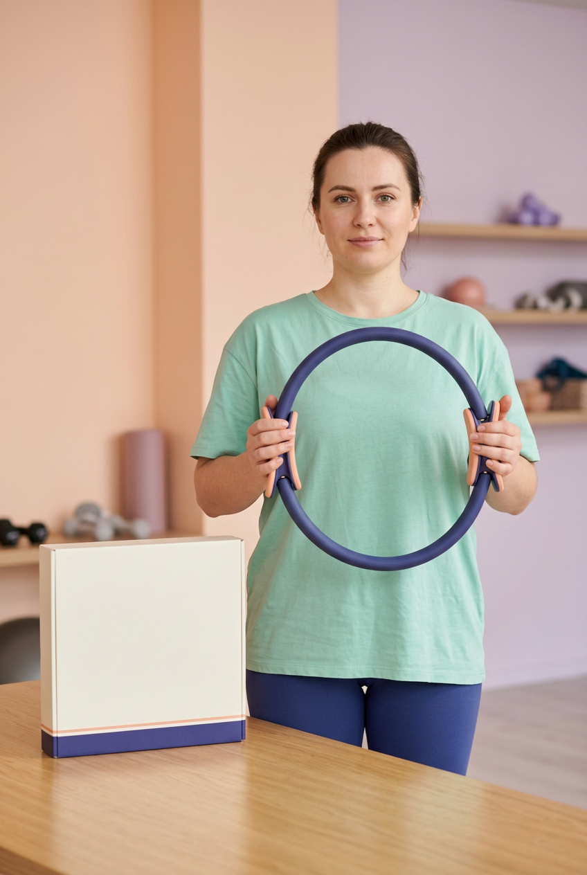 Adult European-looking female model holding the indigo and peach Pilates ring