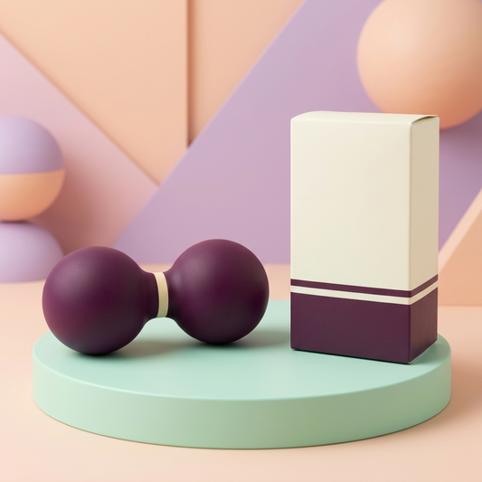 Single plum peanut massage accessory with cream waist ring and blank carton on mint podium