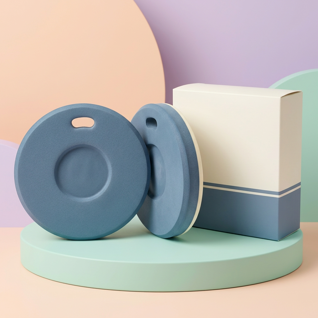 Two dusty-blue cream kneeling pads with blank matching carton on mint podium