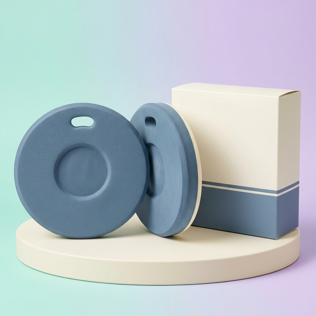 Dusty-blue circular kneeling pad pair with shallow center contours and logo-free ivory blue carton