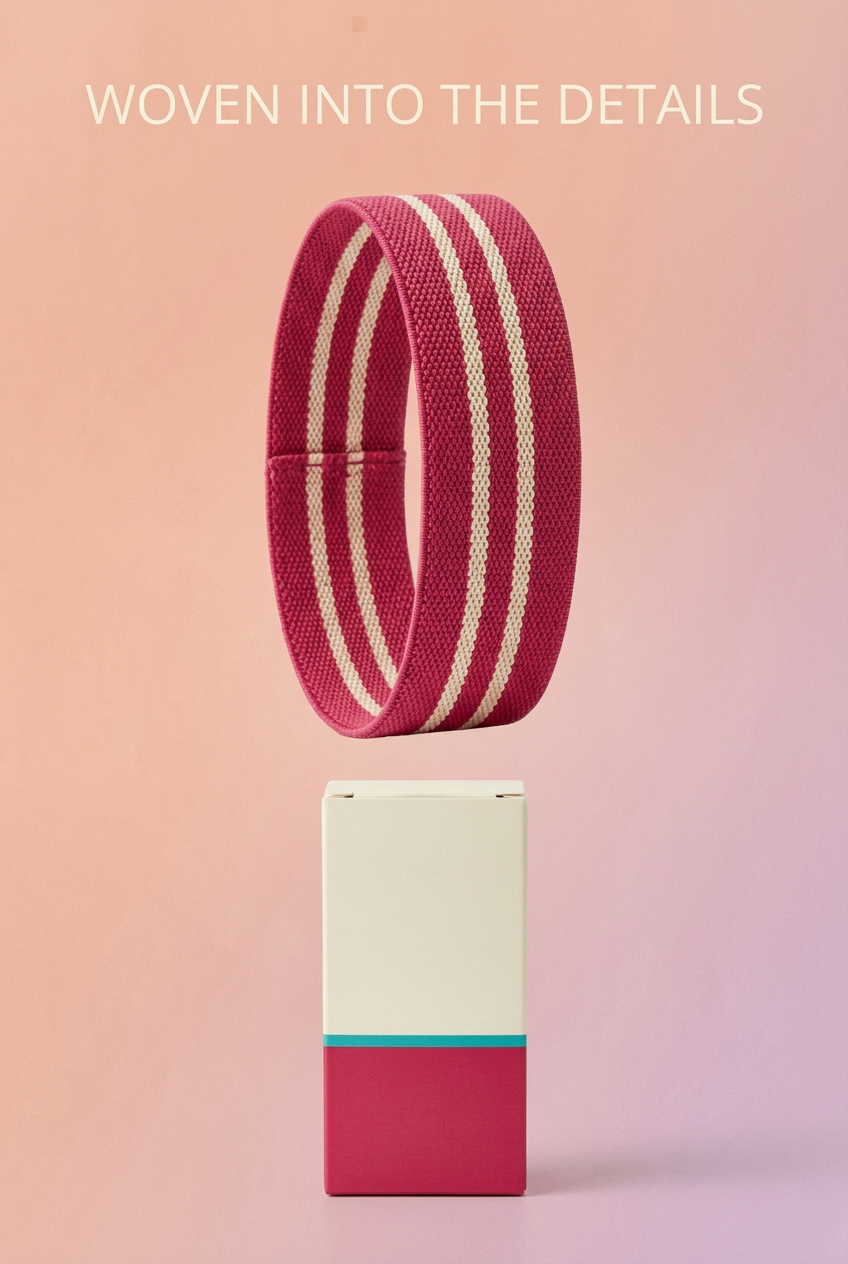 Woven Into the Details: raspberry and cream fabric loop and blank matching carton