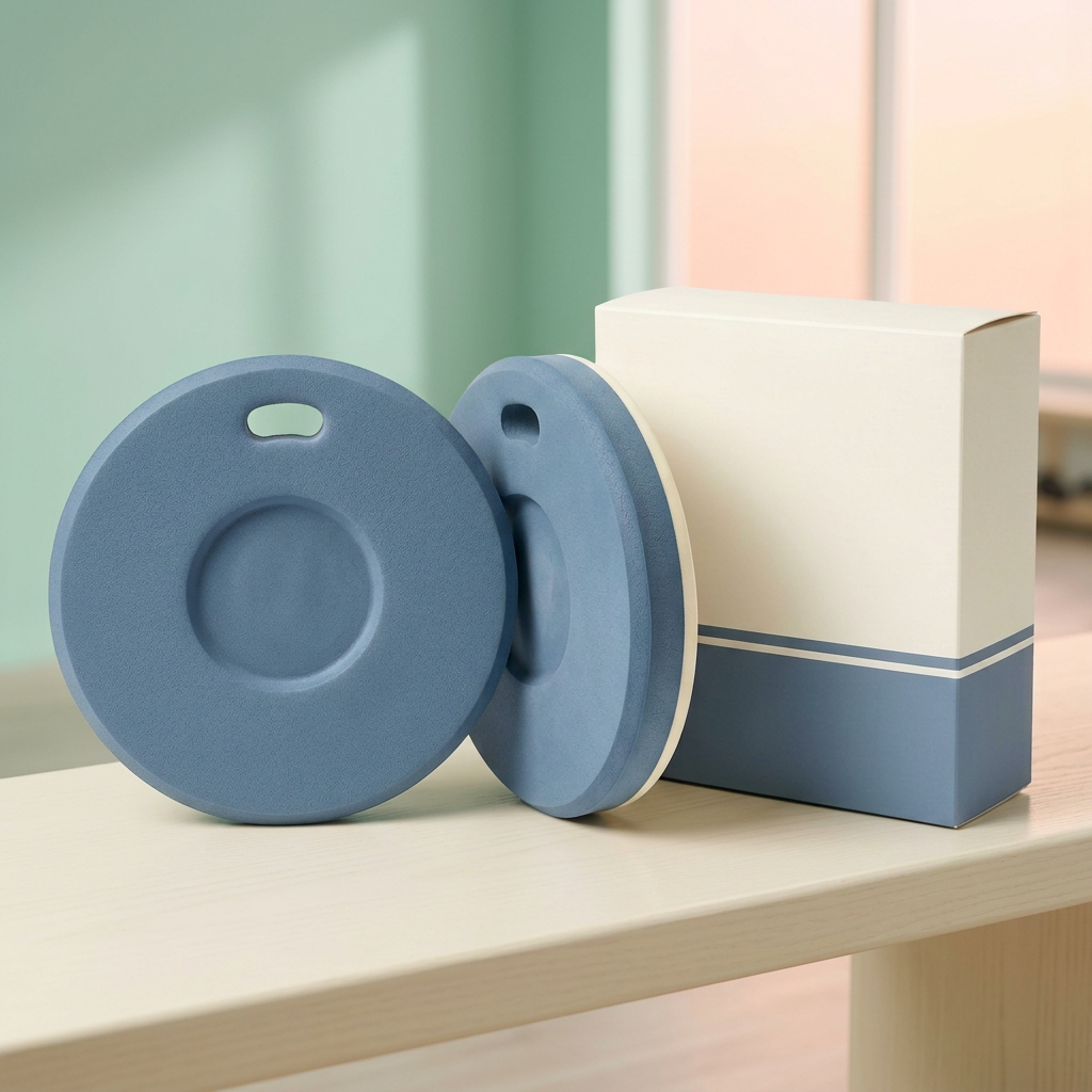 Pair of blue cream kneeling pads and blank packaging on a sunlit cream bench