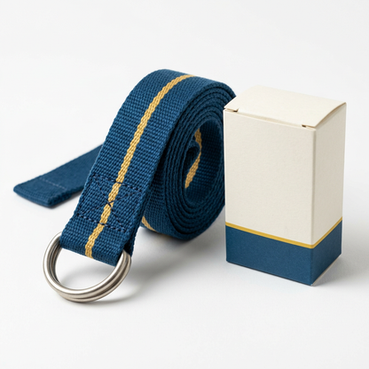 White background product image of one blue gold woven yoga strap and logo-free carton