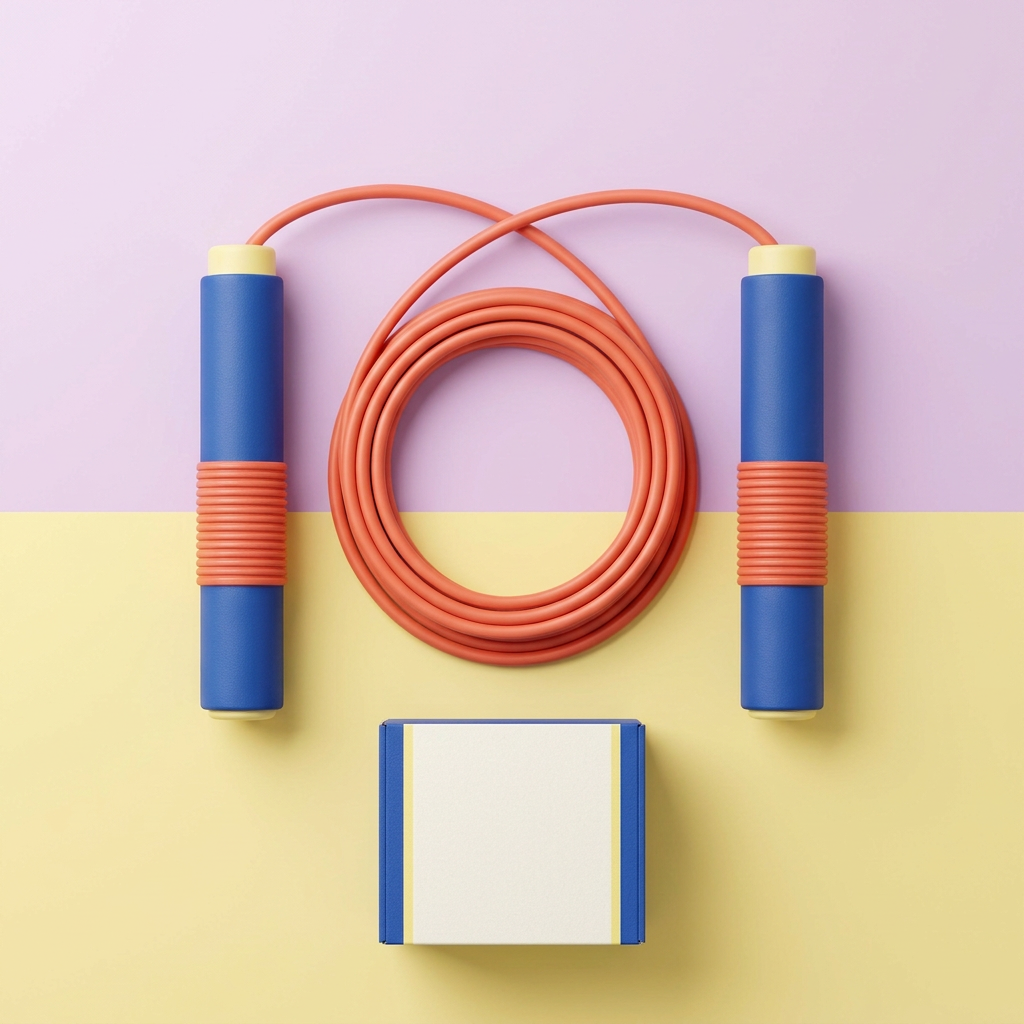 Overhead arrangement of cobalt and coral jump rope with matching blank carton