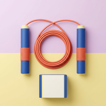 Overhead arrangement of cobalt and coral jump rope with matching blank carton