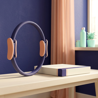 Indigo and peach Pilates ring with blank flat carton on a cream bench