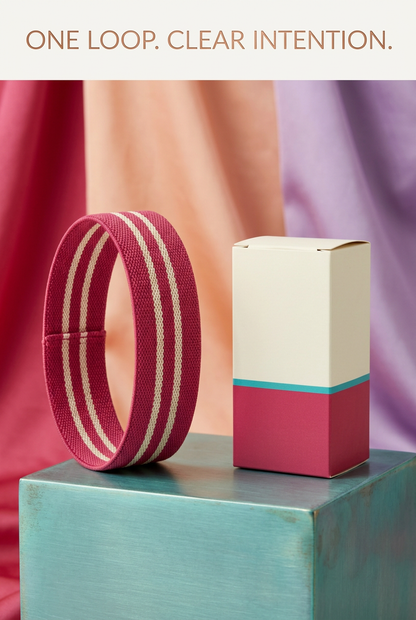 One Loop Clear Intention: raspberry cream band with ivory raspberry turquoise logo-free packaging