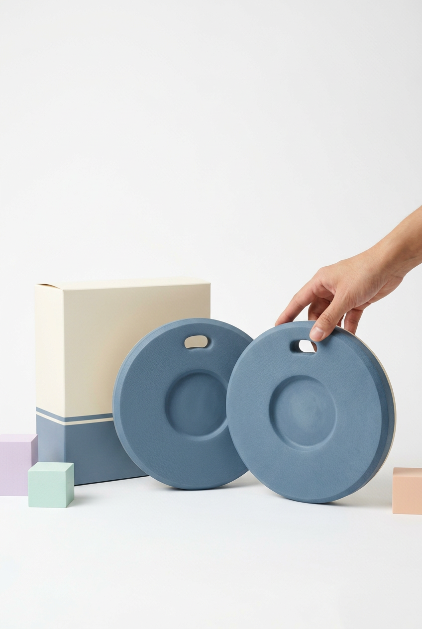Dusty Blue & Cream Exercise Kneeling Pads, Pair — Two Circular Floor Practice Accessories with Shallow Center Contours, Rim Openings and Coordinated Logo-Free Packaging
