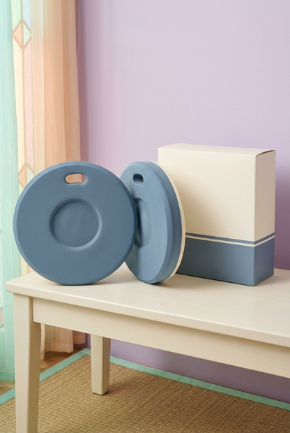 Dusty Blue & Cream Exercise Kneeling Pads, Pair — Two Circular Floor Practice Accessories with Shallow Center Contours, Rim Openings and Coordinated Logo-Free Packaging