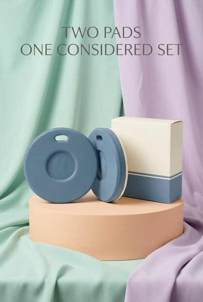 Dusty Blue & Cream Exercise Kneeling Pads, Pair — Two Circular Floor Practice Accessories with Shallow Center Contours, Rim Openings and Coordinated Logo-Free Packaging
