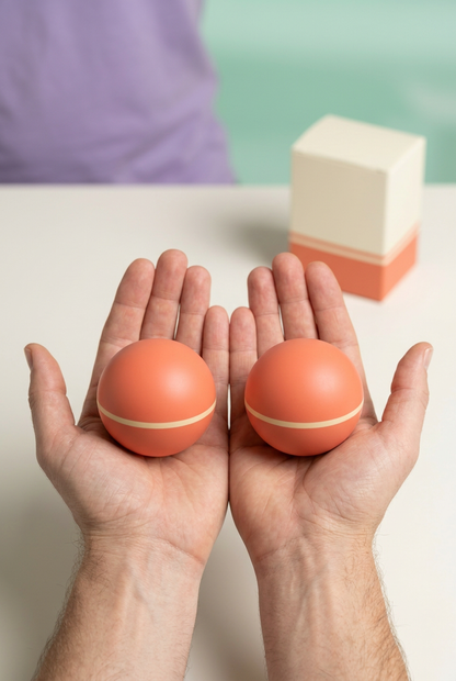 Coral & Cream Smooth Massage Balls, Matching Pair — Two Rounded Manual Massage Accessories with a Fine Equatorial Stripe and Coordinated Logo-Free Carton