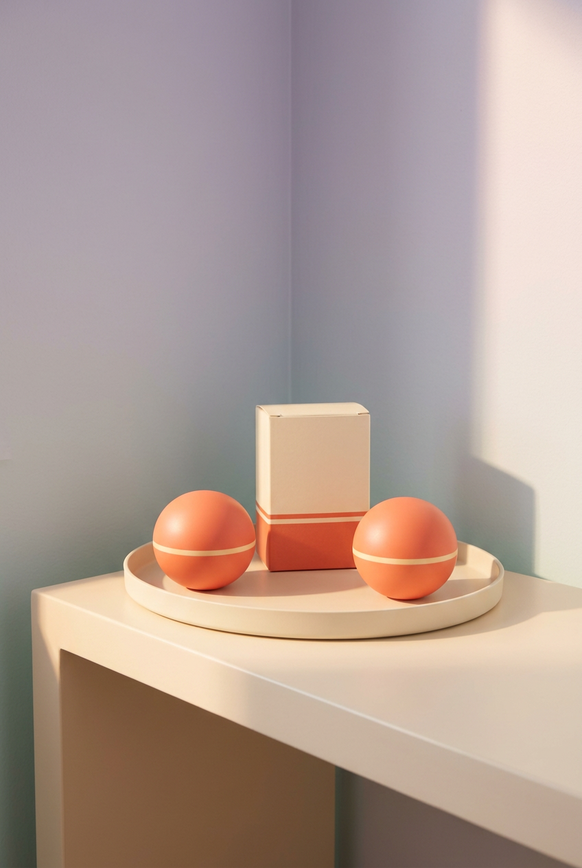 Coral & Cream Smooth Massage Balls, Matching Pair — Two Rounded Manual Massage Accessories with a Fine Equatorial Stripe and Coordinated Logo-Free Carton