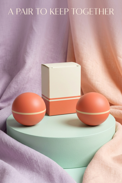 Coral & Cream Smooth Massage Balls, Matching Pair — Two Rounded Manual Massage Accessories with a Fine Equatorial Stripe and Coordinated Logo-Free Carton