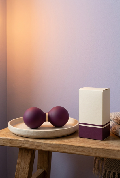 Deep Plum & Cream Peanut-Shaped Massage Ball — One Connected Double-Lobe Manual Massage Accessory with a Smooth Profile and Coordinated Logo-Free Carton