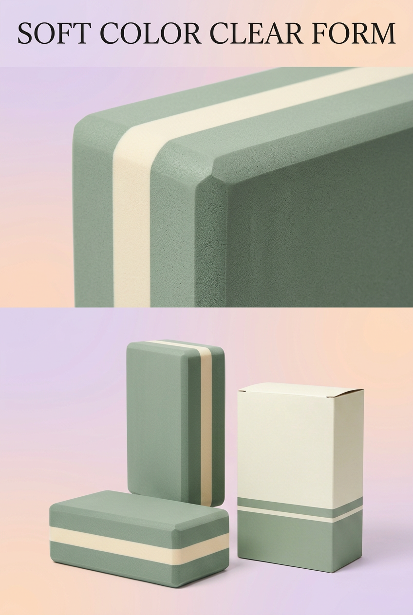 Sage & Cream Yoga Blocks, Set of Two — Chamfered Rectangular Practice Props with a Contrasting Center Band and Coordinated Logo-Free Carton