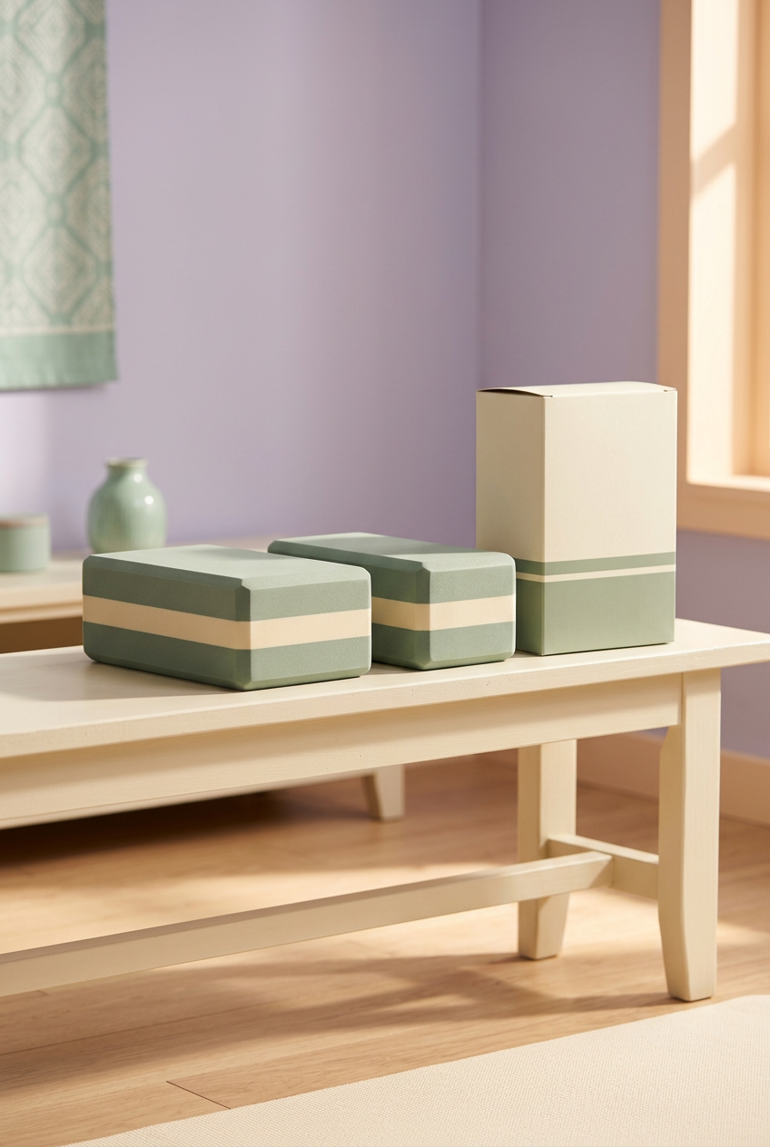 Sage & Cream Yoga Blocks, Set of Two — Chamfered Rectangular Practice Props with a Contrasting Center Band and Coordinated Logo-Free Carton