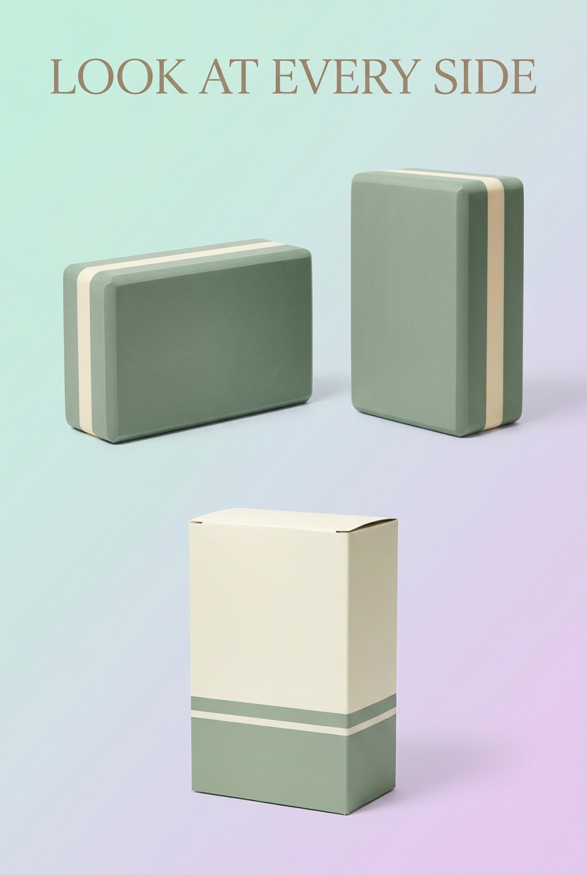 Sage & Cream Yoga Blocks, Set of Two — Chamfered Rectangular Practice Props with a Contrasting Center Band and Coordinated Logo-Free Carton