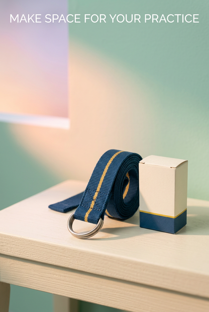 Ocean Blue & Golden Line Yoga Stretching Strap with Silver-Tone Double D-Ring Buckle — A Woven Practice Accessory for Considered Stretching Sessions